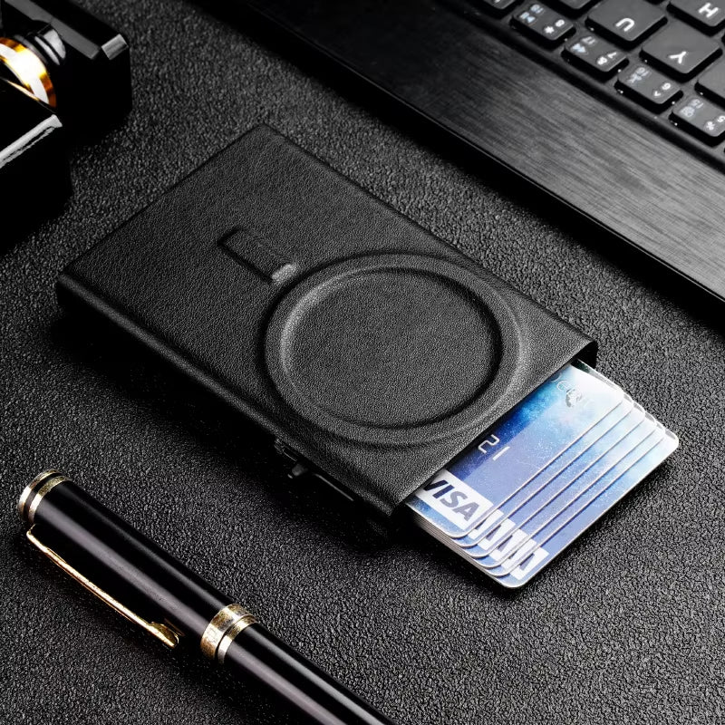 Customize Metal Aluminum Card Holder Pop up Pu Leather Magnetic RFID Wallet for Iphone